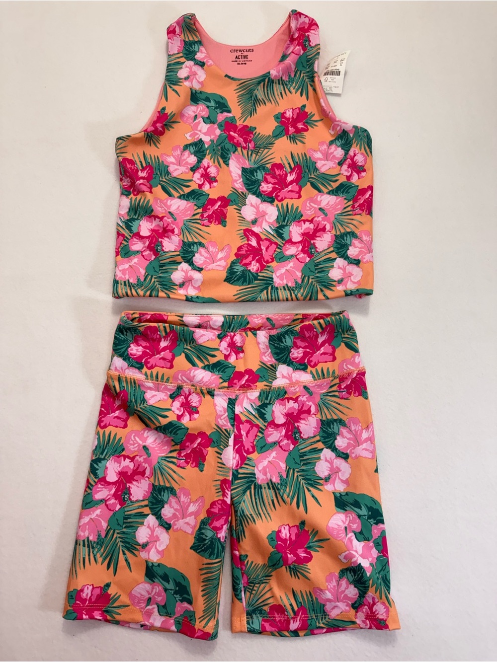 Crewcuts Active Tropical Floral 2 Piece Set Girls XL 12-14 Tank Biker Shorts NWT